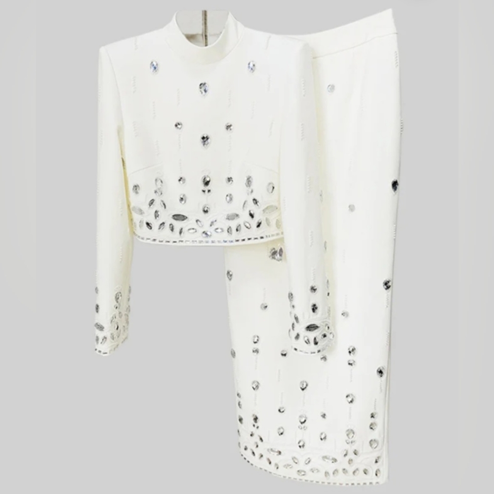 Diamond Embellished Co-Ord with Maxi Skirt - White